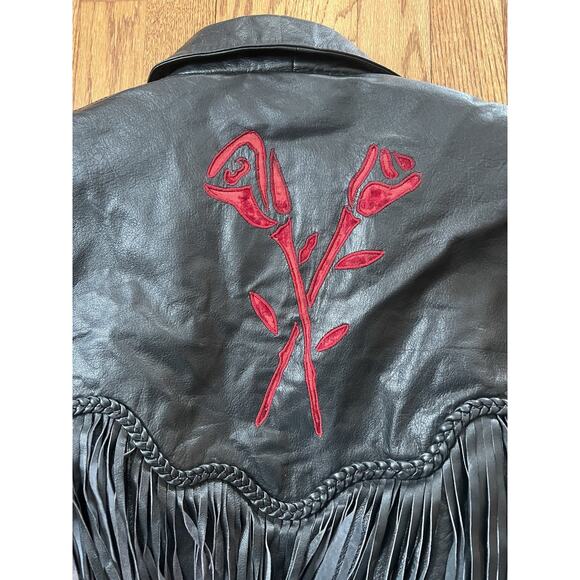 Vintage Addis Biker Fringe Leather Jacket Velvet Cut Out Rose Conchos Womens 16 - Picture 4 of 12